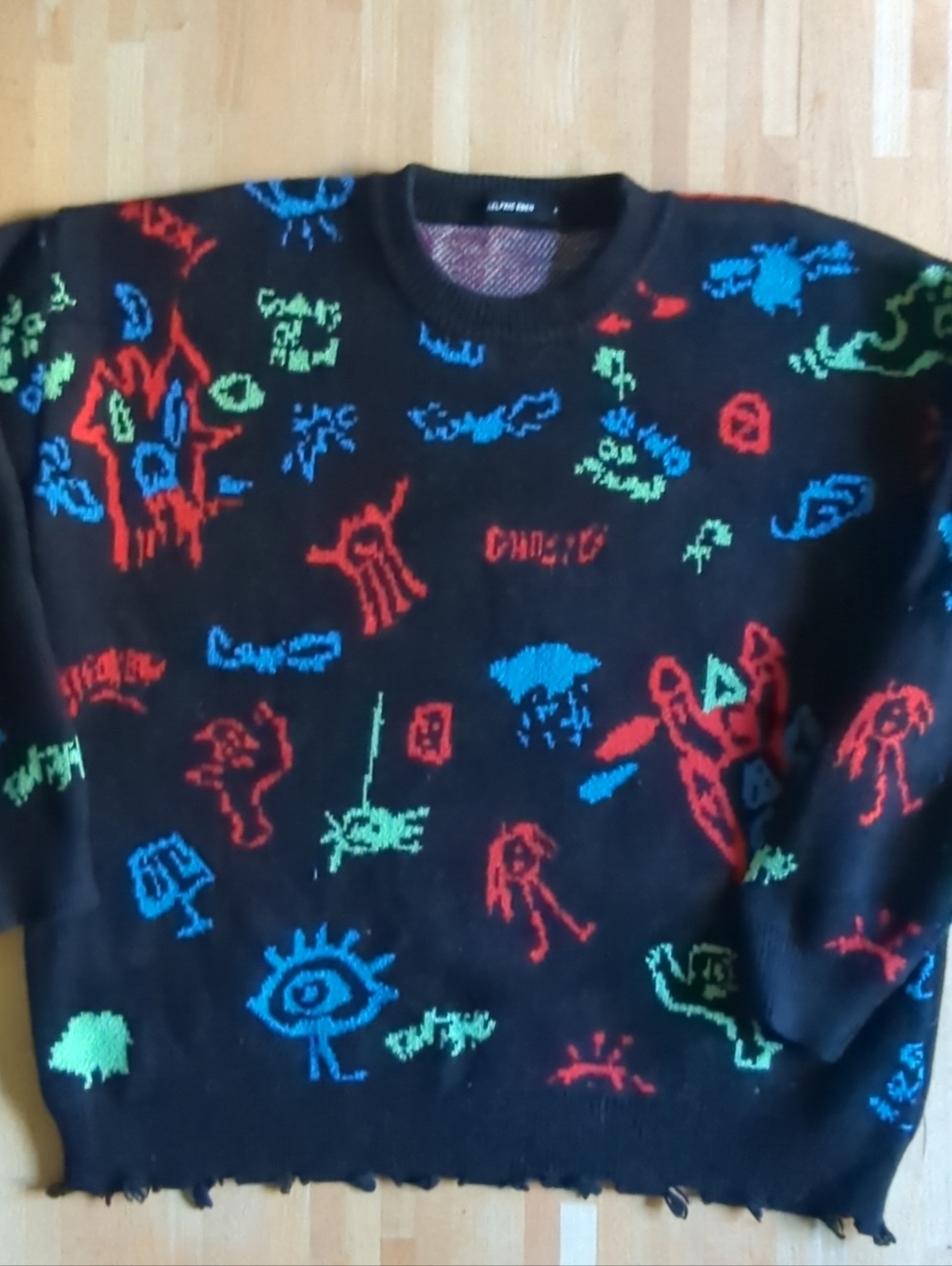 Aelfric Eden Mens Irregular Graffiti Black Bold Graphic Knit Sweater Small Cosby
